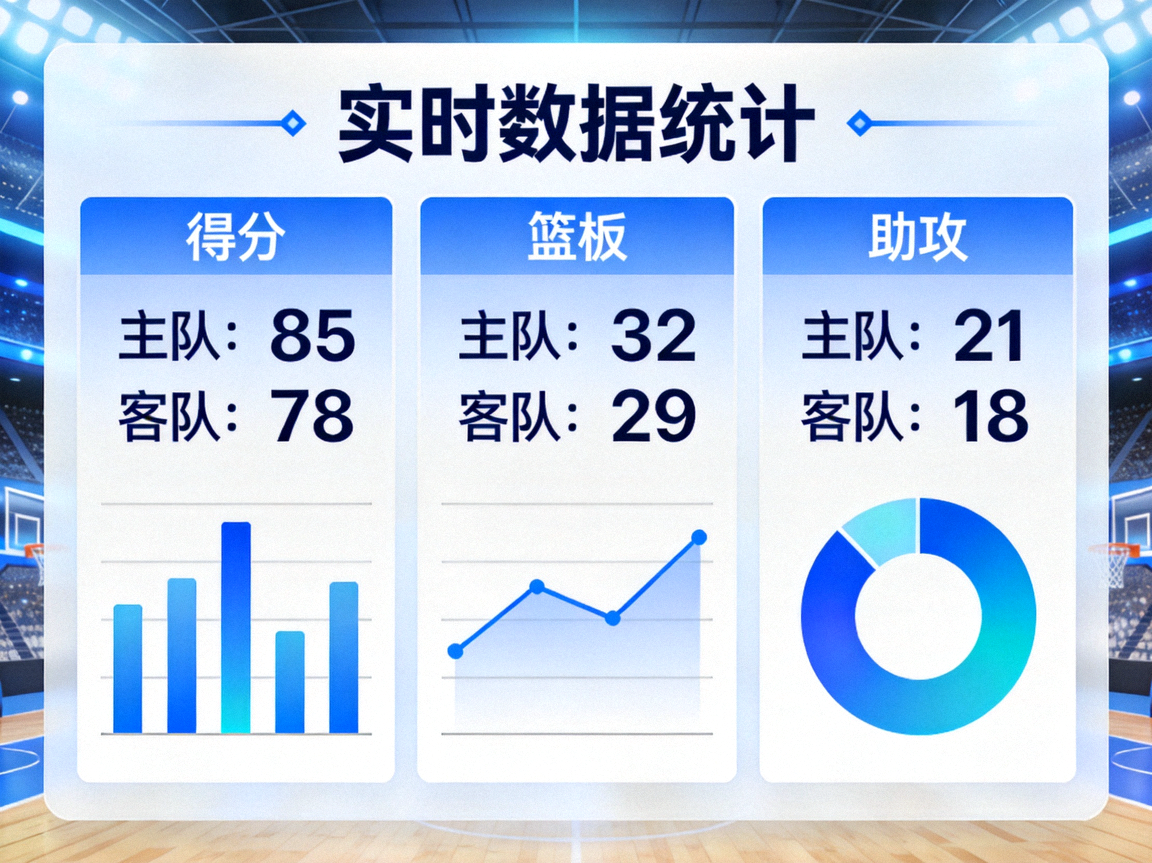篮球比赛实时数据看板，展示得分、篮板、助攻等关键统计